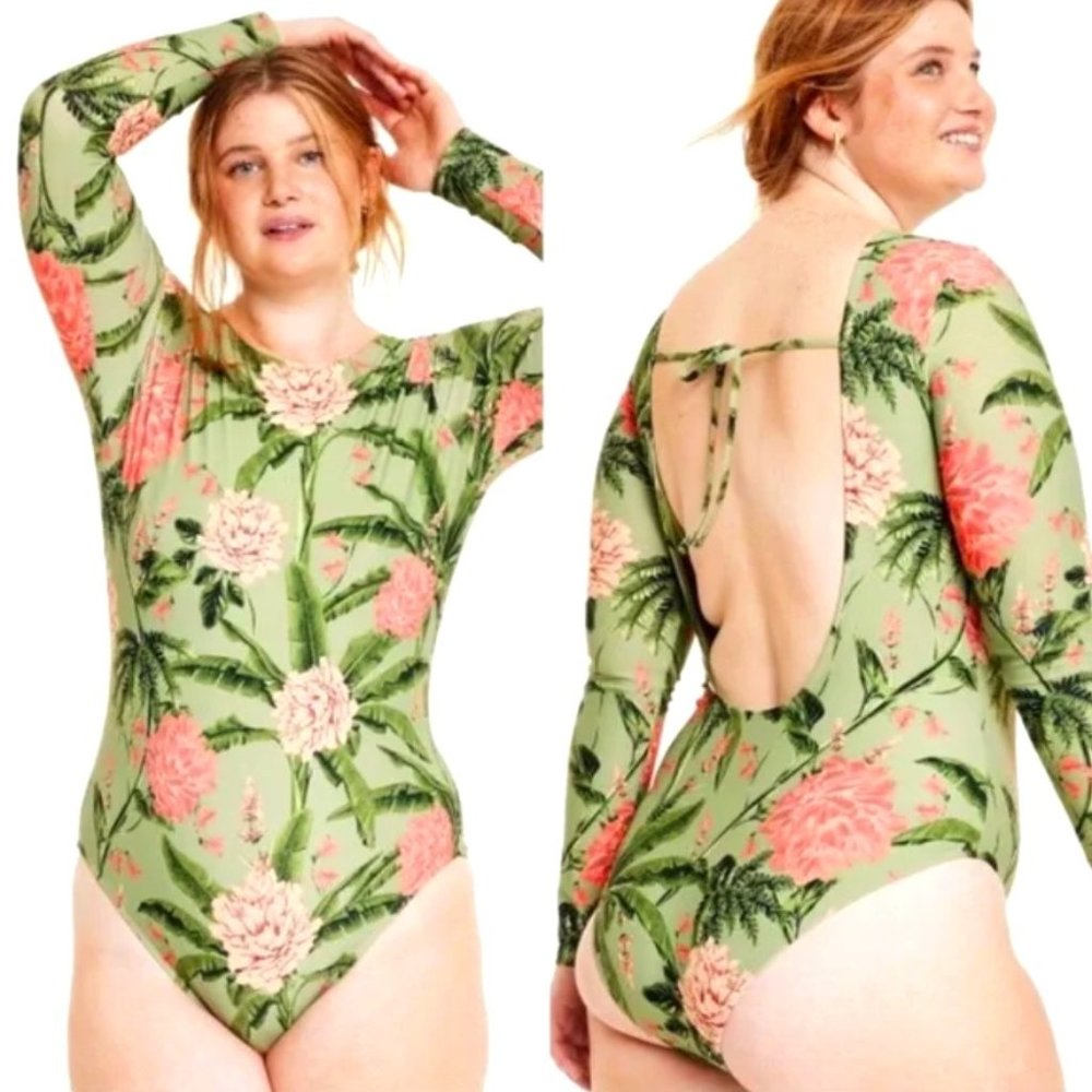 Agua Bendita x Target Peony Print Long Sleeve Medium Coverage Swimsuit, 3X NWT